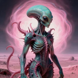 surreal portrait of abandoned ribbed teal alien covered with spinal spiky pink tentacles, in wastelands on pink exoplanet, iredescent soft glow bloom effect, dream - like, baroque portrait painting, perfect composition, beautiful detailed intricate octane render, artstation, 8 k, photorealistic, volumetric cinematic light, chiaroscuro, masterpiece, raphael, caravaggio, beksinski, giger