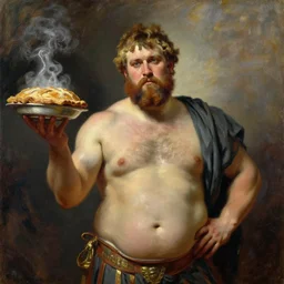 beautiful oil painting portrait of hefty ethan van sciver as an ancient roman god holding up a steaming pie with one arm, art by anders zorn, wonderful masterpiece by greg rutkowski, expressive brush strokes, beautiful cinematic light, american romanticism by greg manchess, jessica rossier