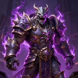 enraged orc king in spiky armor with a fiery purple aura!!!!!!, wearing a dragon mask, trending on artstation, sharp focus, highly detailed, digital fantasy art