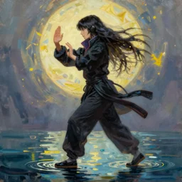 serah farron cyberpunk magician in tai chi pose walking on water, long hair, rpg reference, oil painting, trending on artstation, octane render, insanely detailed, 8 k, hd