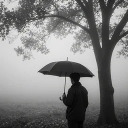 black and white picture of a man holding an umbrella close to a tree, fog, everything completly out of focus, backlight, realistic abstract picture, mist, mysterious