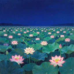 a landscape pastel in the style of noriyoshi ohrai and mark tedin of a holy field of lotus flowers, night time. key art. 4 k retrofuturistic fantasy