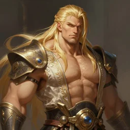 painted portrait of rugged thick very muscular very beautiful [ samus aran ], big wide face, long blonde hair, upper body, robe fantasy intricate elegant highly detailed digital painting, artstation, concept art, smooth, atmospheric lighting sharp focus illustration art by craig mullins greg rutkowski and artgerm