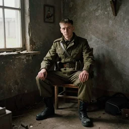 a sci - fi soldier sitting on a small chair, inside a poor, rural house, by nikolay makovsky.