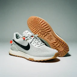 a studio photoshoot of Nike x Off-White sneakers designed by Virgil Abloh, glass and crystal with knitted mesh material, gum rubber outsole, realistic, color film photography by Tlyer Mitchell, 35 mm, graflex
