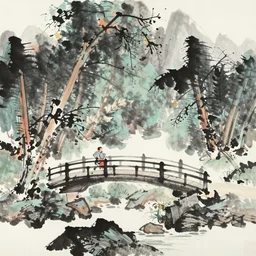ink painting of a forest bridge by qian xuan, shen zhou