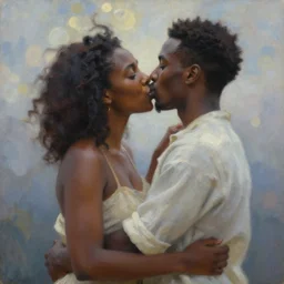 a beautiful oil painting of a black couple, heaven's just a kiss away, bokeh, in the style of delphin enjolras, ultrarealistic, dynamic lighting, artstation, hyper realism.