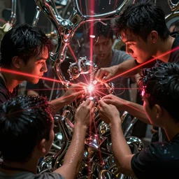complex sculptures, lasers, people, skin, god rays, hair, wet metal reflections, mirrors, infinite, close up, wet, ultra detailed