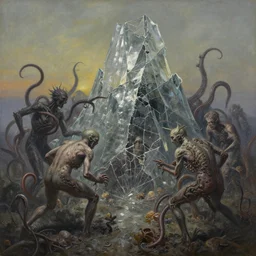 oil paint of flayed twilight of the god machines, cluster battling chaos, glass sentient geocracking, fungal pit, trash patina sheen rotting into glass mountain, 3 0 0 tendrils, urchin warts, by alberto bontempi, alex ross, shigeru komatsuzaki, wayne d barlowe, stefano tamburini, narrative light, muted colors, epic