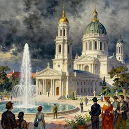 a neoclassical tower with dome on a fantasy city next to a fountain and a mystical palace. intricate, amazing composition, colorful watercolor, by ruan jia, by maxfield parrish, by marc simonetti, by hikari shimoda, by robert hubert, by zhang kechun, illustration, gloomy