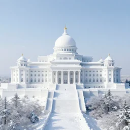 a scene concept design, depicting a magnificent snow - covered palace at the top of changbai mountain, with sunlight falling and a sea of red petunia flowers at the foot of the mountain ， super wide angle ， chinese style ， matte painting ， rtx on ， trending on cgsociety and artstation, volumetric light ，