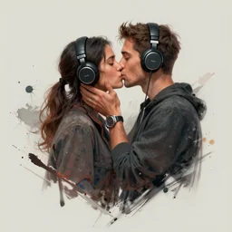 a couple kissing wearing headphone, concept art by ross tran, cgsociety contest winner, auto - destructive art, official art, artstation hd, concept art