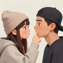 a girl wearing a beanie poking the face of a guy wearing a backwards cap, very cute, digital art, artstation, smooth, by greg rutkowski