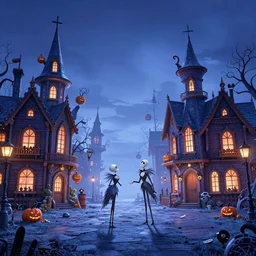 a scene from tim burtons nightmare before christmas, halloween town, illustration, reality, wide shot, light colors, highly detailed, sharp focus, cinema 4 d, 3 d, octane render