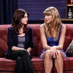 phoebe bridgers and taylor swift sitting on a couch at central perk from friends, soft lighting, super detailed