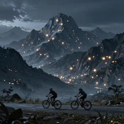 Distant mountains lights photo, Two people riding bicycles, dreamscape,  dramatic lighting, fantasy art illustration, hyperdetailed, hyper realistic, octane, detailed, in the style of Aetherpunk