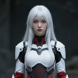 portrait of a woman by ayami kojima, she is about 2 0 years old, elven appearance, straight white hair, surreal beauty, very tall and slender, sad look, wearing a futuristic tactical gear colored in white and red, sharp focus, cinematic lighting, artstation hq.