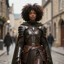 beautiful ninja african princess with an afro. wearing cloak, medieval leather armor, artgerm, trending on artstation, d & d character concept art, inspired by brom, standing in medieval streets, bokeh