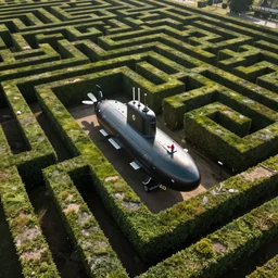 drone footage of a submarine in a hedge maze