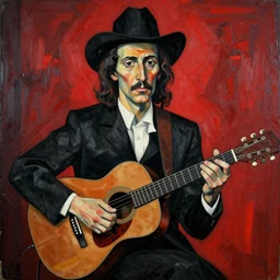 a cubism portrait of willie nelson hugging his guitar, in the style of fernand leger, black and red