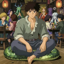 an anime about a serpent tailed man wearing raggedy clothes and seated in an old crowded and lively tavern full of fantasy spirits, art by yuji ikehata and satoshi kon, background art by miyazaki, realism, proper human male proportions, fully clothed, vhs