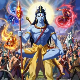 the ninth avatar defeating an army using all four elements, hd 4 k wide - angle lens anime style beautiful