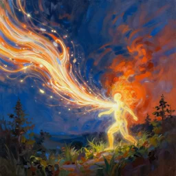 a bright energy stream flowing left to right. it flows through a figure in the center, changing as it passes. | painting by craig mullins. the composition and color are different on the left and right sides