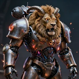 futuristic steampunk alien portrait, long horns, lion, mech armor, warhammer 4 0 k, mechanical internals, exposed wire, lasers, underglow and sparks, hyper realistic shiny textures, 8 k, skull, cyberpunk, intricate details, fluorescent glow, science fiction space horror, unreal engine, dark, heavy shading, depth of field