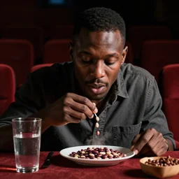 a badly taken photo of an african american eating beans in a cinema