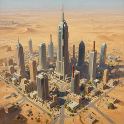 highly detailed painting view from bird's eye lively small but tall town with skyscrapers and chimneys in the middle of wasteland endless empty desert trending on Artstation, futuristic, sci-fi, 4K, high quality