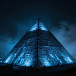 big pyramid with blue glow lights and fog in background, cinematic looking, drama, scary