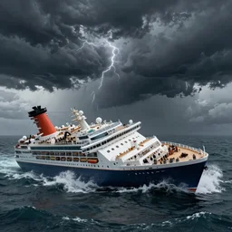 the cruise ship lying on its side in sea, sinking, dark, storm, thunderstorm unreal engine Hight detailed An epic fantastic realism dinamic lighting