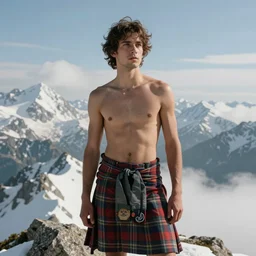 a homoerotic portrait by greg rutkowski and albert bierstadt and bill ward of a shirtless desi hiker on a mountain peak | he is wearing a revealing tartan kilt | background is snowy mountains and clouds | detailed face, ethereal, dreamlike | trending on artstation