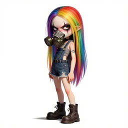 a grungy clown woman with rainbow hair, drunk, angry, soft eyes and narrow chin, dainty figure, long hair straight down, torn overalls, short shorts, combat boots, gasmask, basic white background, side boob, symmetrical, single person, style of by jordan grimmer and greg rutkowski, crisp lines and color,