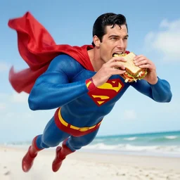 Superman eating a sandwich flying over Florida, photorealistic
