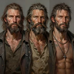 triad colours, painted portrait of rugged homeless hobo man by ruan jia greg rutkowski, uncempt beard and hair, clear face muscular masculine manly mature powerful sensual handsome hobo homeless fantasy intricate elegant detailed digital painting, concept art artstation sharp focus illustration