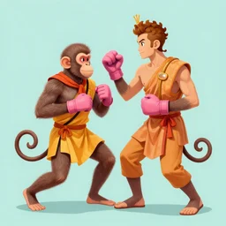monk fight monkey with pink gloves, retro 5 0 s style, art by beksinski and stalenhag