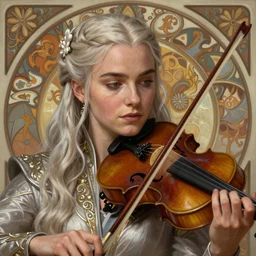 a closeup portrait of daenerys targaryen playing a violin, d & d, fantasy, intricate, elegant, highly detailed, digital painting, artstation, concept art, matte, sharp focus, illustration, hearthstone, art byilya kuvshinov, alphonse mucha, william bouguereau, rossdraws, greg rutkowski, super detailed, illustration, realistic,