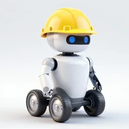 A squat 4-wheeled robot wearing a bright yellow construction helmet, and with a train's cow catcher on the front, photograph