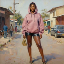 yolandi visser in the style of martine johanna and donato giancola, wearing hoodie, standing in township street fashion outfit,!! haute couture!!, full figure painting by john berkey, david choe, ismail inceoglu, gorgeous features, detailed impasto brushwork, 2 4 mm lens,