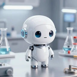 a cute rounded tiny head only robot, made out of shiny reflective white metal, standing on a lab table surrounded by lab tools, 3 d hyper realistic render, white neon lighting, pixar style, futuristic, science fiction, high angle shot, macro, wholesome