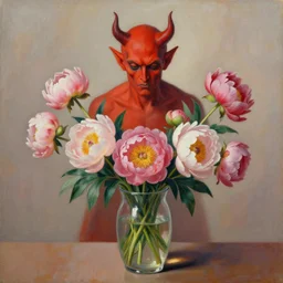 peonies in a glass vase arranged by the devil himself. painting by frank sedlacek.