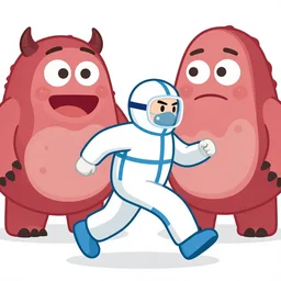 a cartoon of a man in a hazmat suit running away from a meat monster, style of hanna barbera, moebius