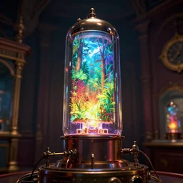 closeup of a glowing vacuum tube Steampunk time machine in a victorian museum, james gurney, cinematic lighting, artstation, vibrant nature, Tuomas Korpi, tekkon kinreet, volumetric light, artstation, , octane render, redshift render, low angle camera, rich deep moody colors