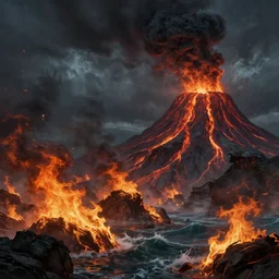 medieval on fire parts of falling in ocean, volcano black smoke, sinister, doom of Valyria , Game of Thrones, volumetric lighting, fantasy artwork, very beautiful scenery, very realistic painting effect, hd, hdr, cinematic 4k wallpaper, 8k, ultra detailed, high resolution, artstation