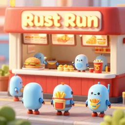 a fast food restaurant named rust runned by cute tiny robots, digital art