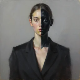 fashion model with half black face, hyperrealism oil painting