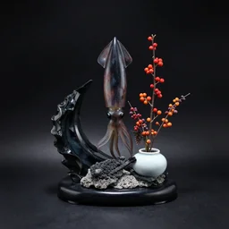 sculpture of a squid and berries, ikebana flower arrangement, photorealistic, centred, black background, obsidian and glass and pumice and porcelain, zen