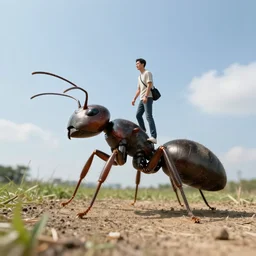 Man riding a giant ant