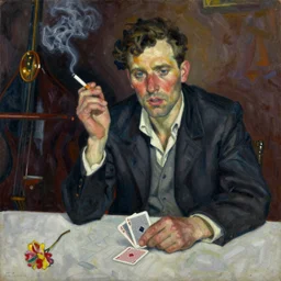oil painting in the style of john craxton. looking forwards. sailor talking in the shadows of jazz club. cheekbones. strong expressions on faces. smoke. holding cigarettes. playing cards. scratched. strong lighting. brush. single flower. in the style of ivon hitchins. seated figure hands on table. line drawing. high detail. painted